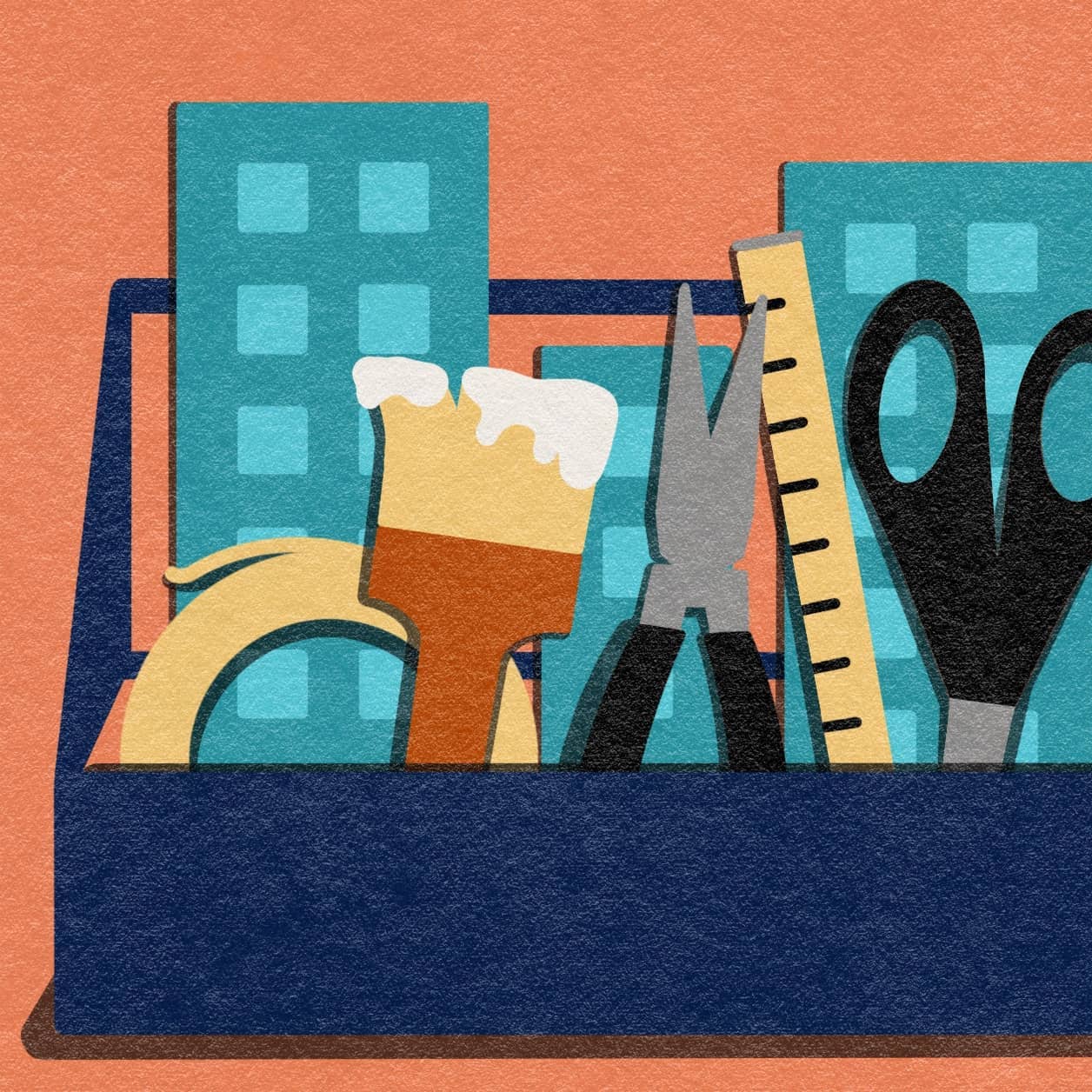 Illustration of tools and a city skyline in a toolbox.