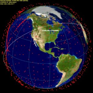 A graphic shows numerous Starlink satellites orbit earth