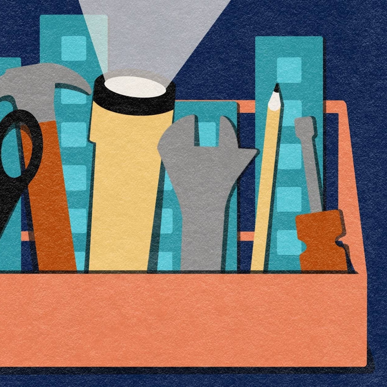 Illustration of tools and a city skyline in a toolbox.