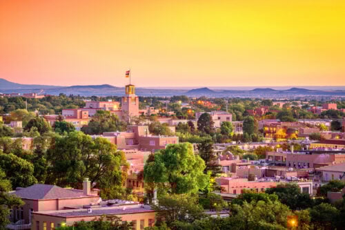 An aerial view of Santa Fe New Mexico at dusk