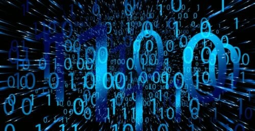 A computer screen showing binary numbers 1/0