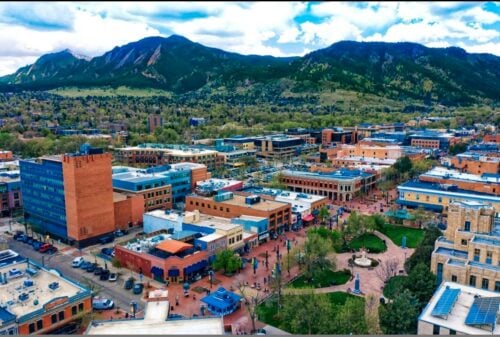 View of Pearl Street and the Front Range in Boulder, CO