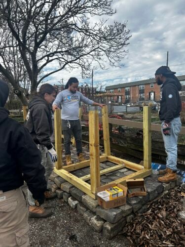 Compost bins under construction. Credit: Philadelphia Parks and Recreation