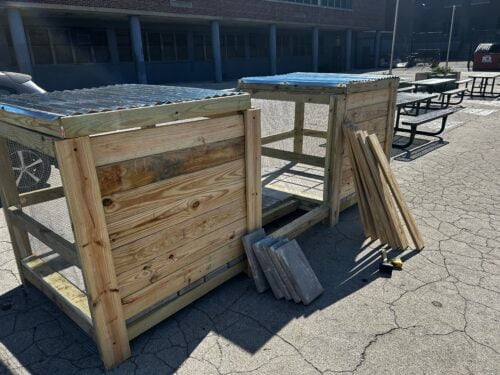 Compost bins under construction. Credit: Philadelphia Parks and Recreation