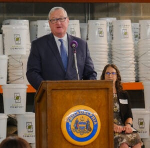 Former Mayor of Philadelphia, Jim Kenney, at Bennett Compost’s ribbon cutting ceremony. Credit: Julian Moore-Griffin, Philadelphia Parks and Recreation