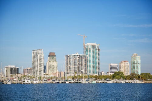 St. Petersburg, Florida, skyline and marina seen across Tampa Bay on a clear day.