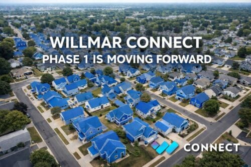 An aerial view of Wilmar MN residential neighborhood with a section of homes colored in blue to indicate Phase 1 of the project
